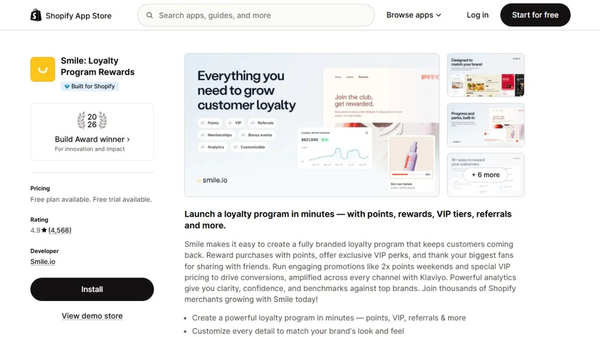 Smile Shopify App Store listing