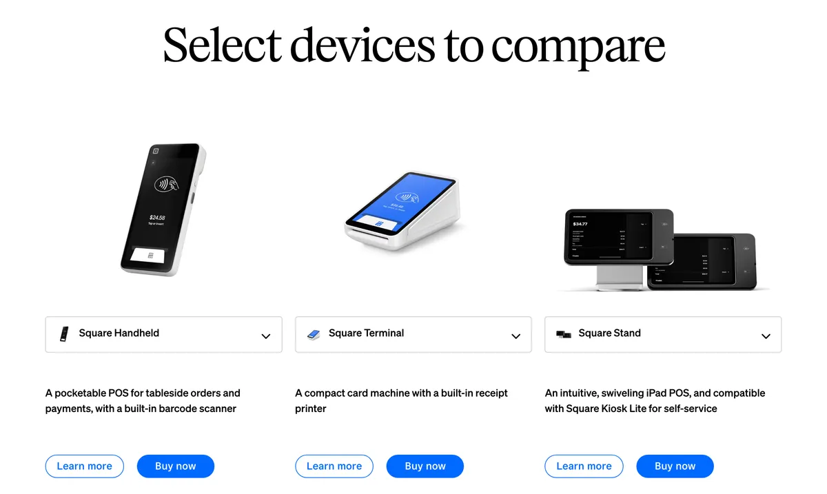 Square's hardware page comparing three of its POS devices: Square Handheld, a pocketable POS for tableside orders and payments with a built-in barcode scanner; Square Terminal, a compact card machine with a built-in receipt printer; and Square Stand, a swiveling iPad POS that also works with Square Kiosk Lite for self-service.