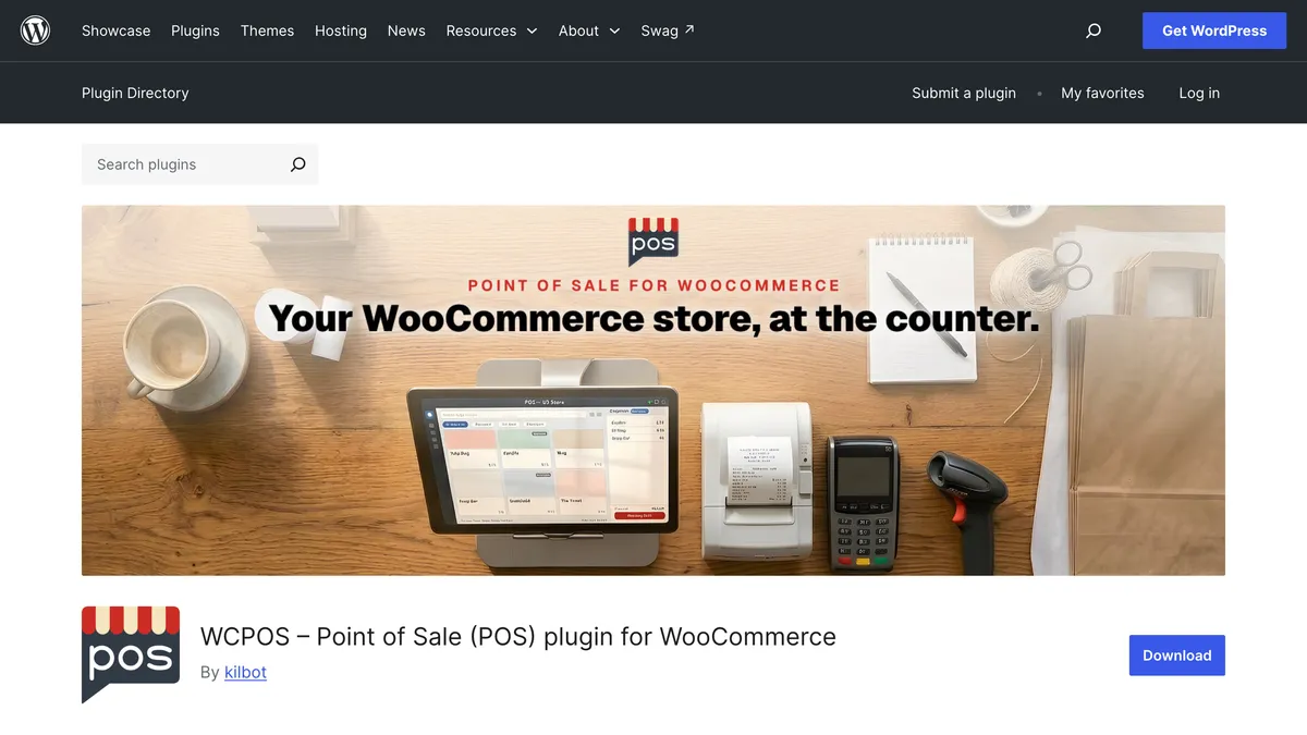 The WCPOS plugin page on WordPress.org, with a banner reading Point of sale for WooCommerce: your WooCommerce store, at the counter, showing a tablet register, a receipt printer, a card reader and a barcode scanner on a shop counter.