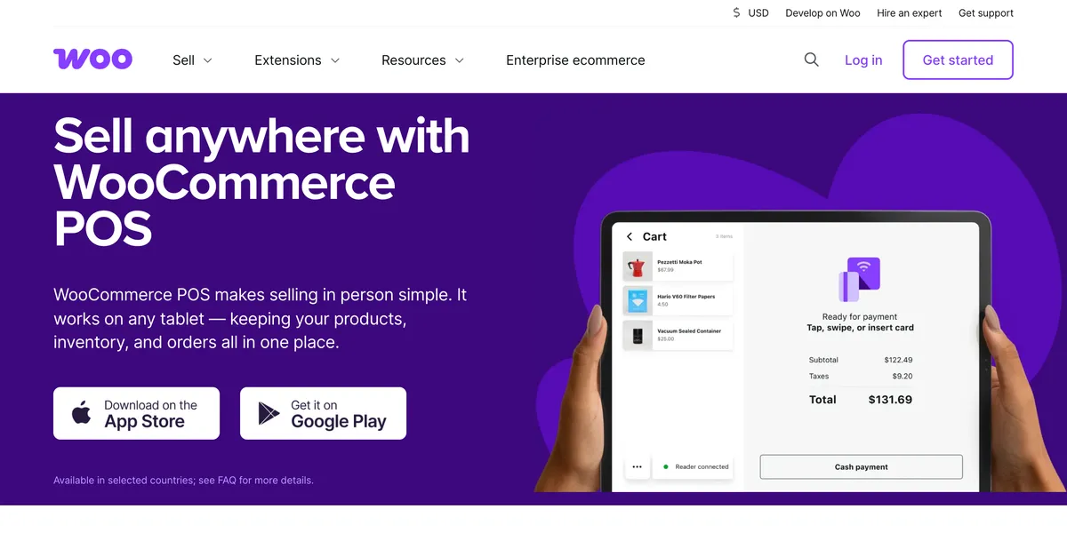WooCommerce's POS page, headlined Sell anywhere with WooCommerce POS. It says WooCommerce POS works on any tablet and keeps your products, inventory and orders in one place, with App Store and Google Play download buttons, beside a tablet showing a cart ready for card or cash payment.